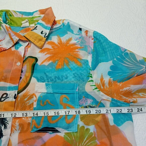 Violet Sky Shirt Tropical Print Button-Up Sz L Cotton Blend Vibrant Colors Women - Picture 9 of 10